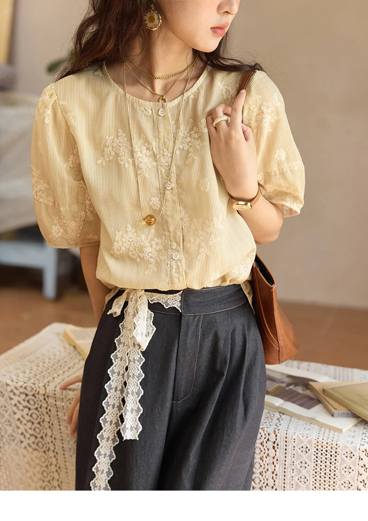 MISHOW French Retro Embroidered Floral Blouse for Women Summer 2025 Round Neck Single Breasted Top Puff Sleeve Blouse MXE36X1874