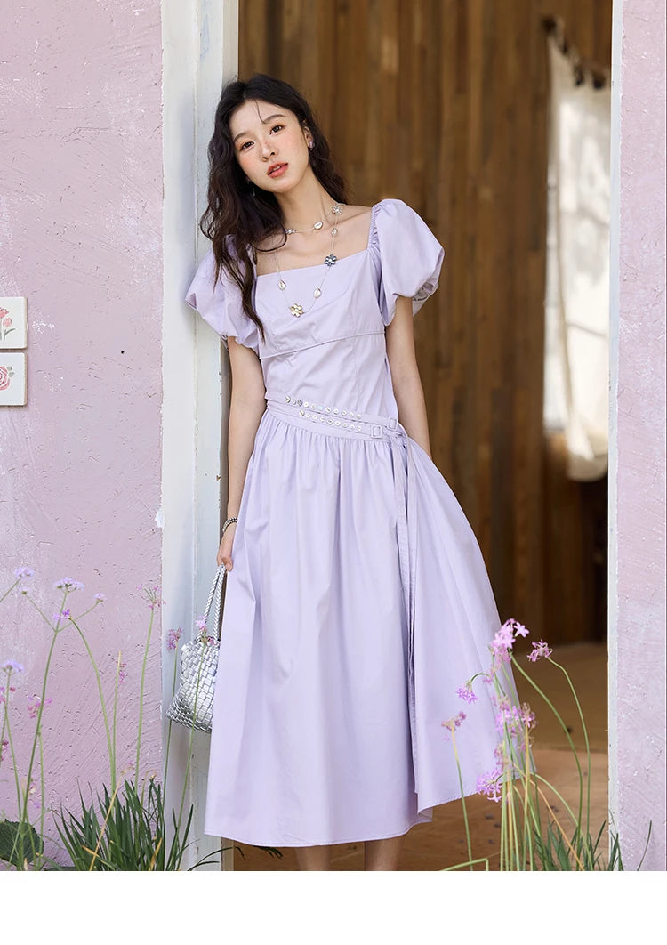 MISHOW French Purple Dresses Women Summer 2025 Solid Short Puff Sleeve Square Neck Slimming Dress Woman New Fashion MXE34L2222