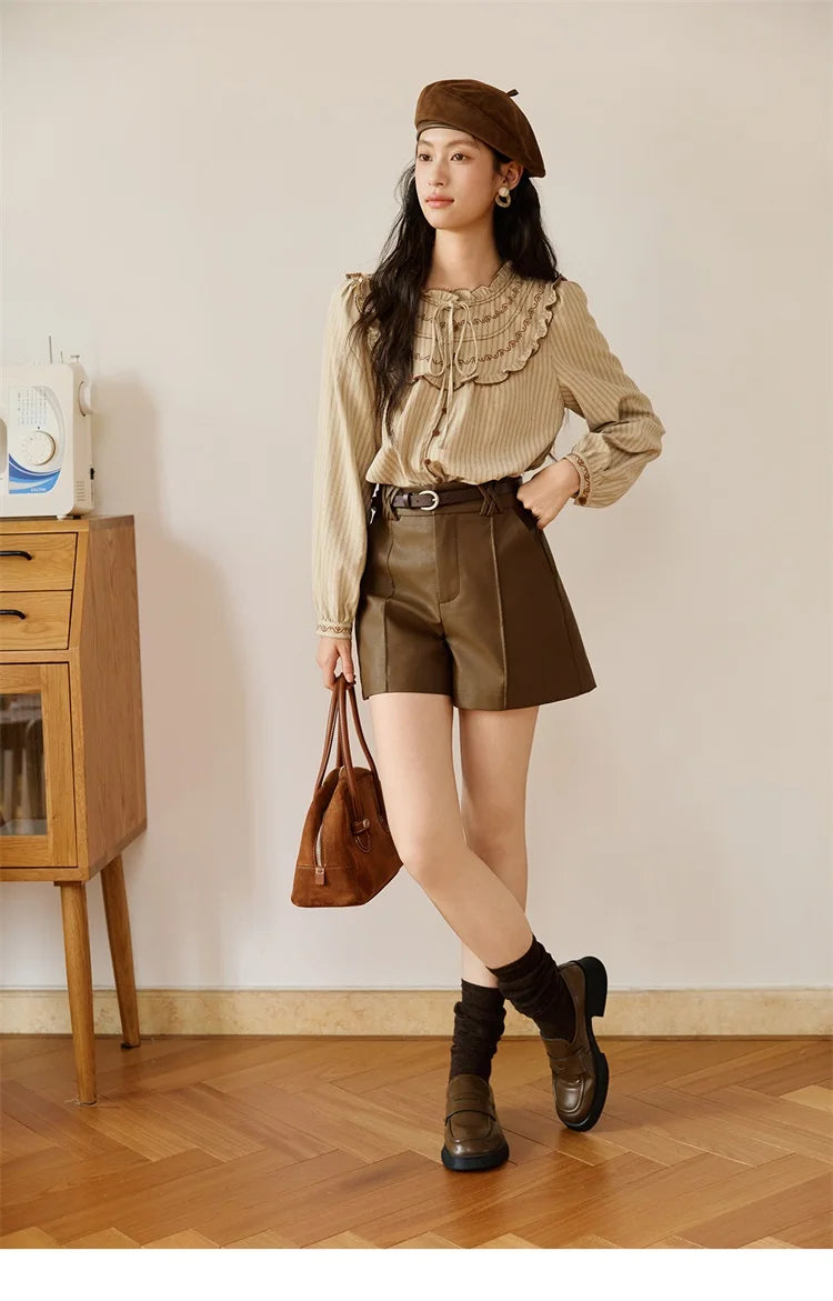 MISHOW Women's PU Leather Shorts Autumn 2025 Slanted Pocket Versatile Short Pants A-line Waist Shorts Excluding Belt MXE48K1086