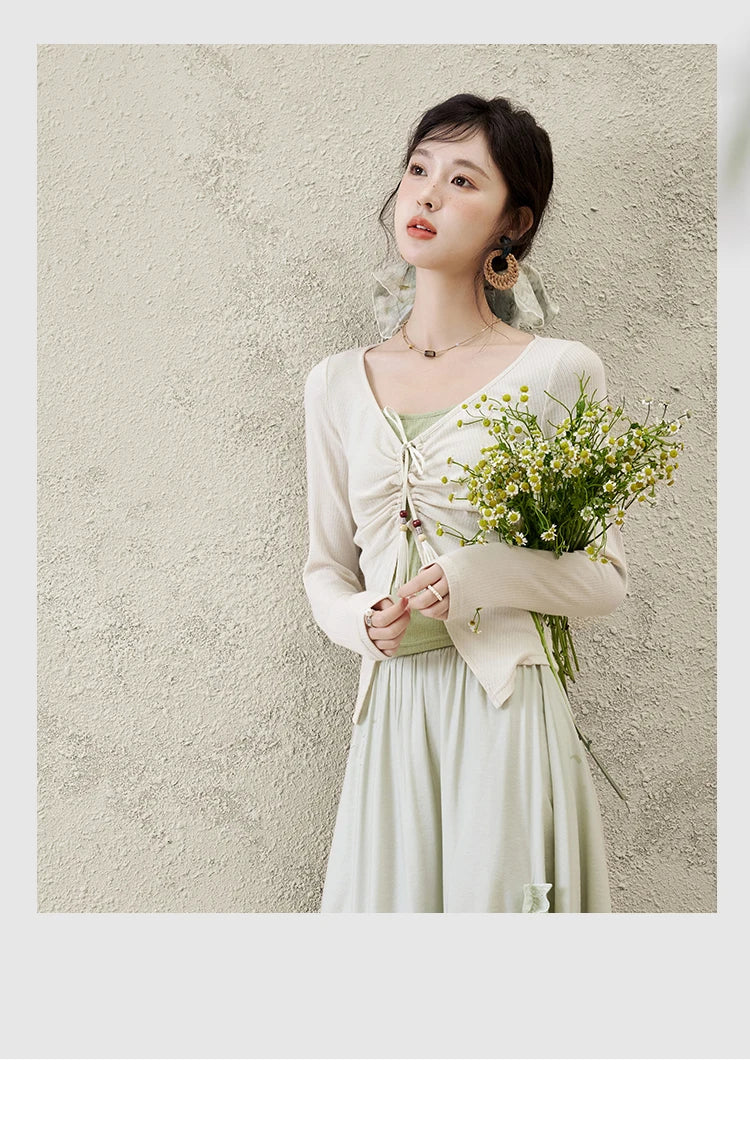 MISHOW Women's Fake Two Patchwork Knitted Spring 2025 Contrast Drawstring Strap Lace-up Tops Retro V-neck Thin Top MXE15Z1185