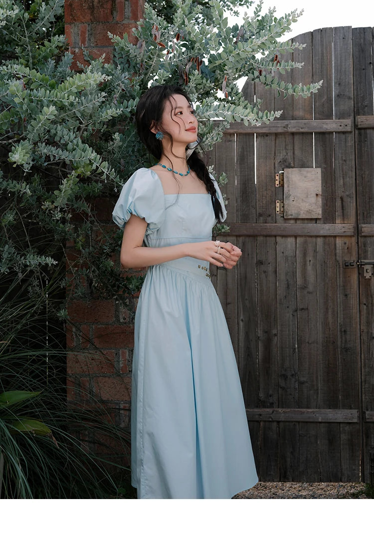 MISHOW Women's Square Neck Short Sleeve Dress 2025 Summer New Fashion Puff Sleeve Double Belt Dresses Ladies Clothing MXE34L2222