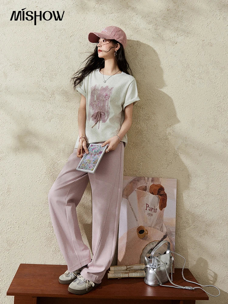 MISHOW Iris Cool Cotton T-shirt for Women Spring 2025 Spray Printing Slim Tees Round Neck Breathable Versatile Top MXE13T0453