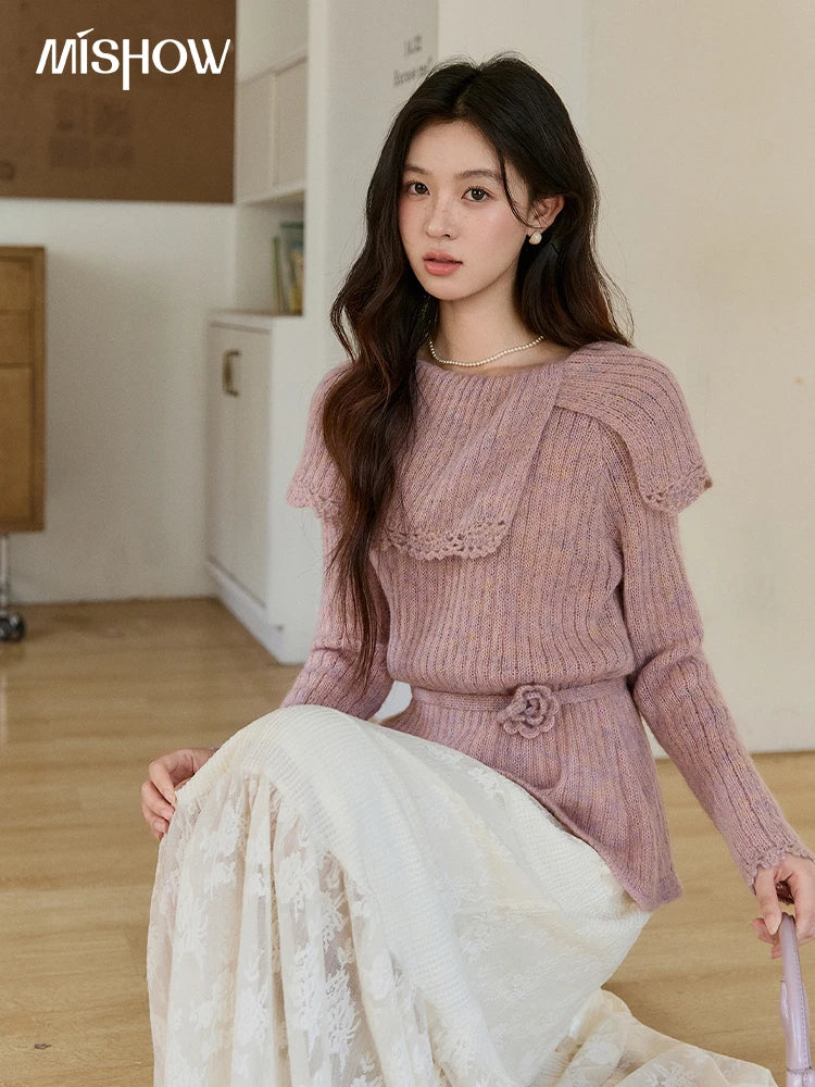 MISHOW Women's Pink Ribbed Knitted Sweater 2026 Spring Large Collar Lace Trim Belted Waist Long Sleeve Pullover Tops MXF11Z2901