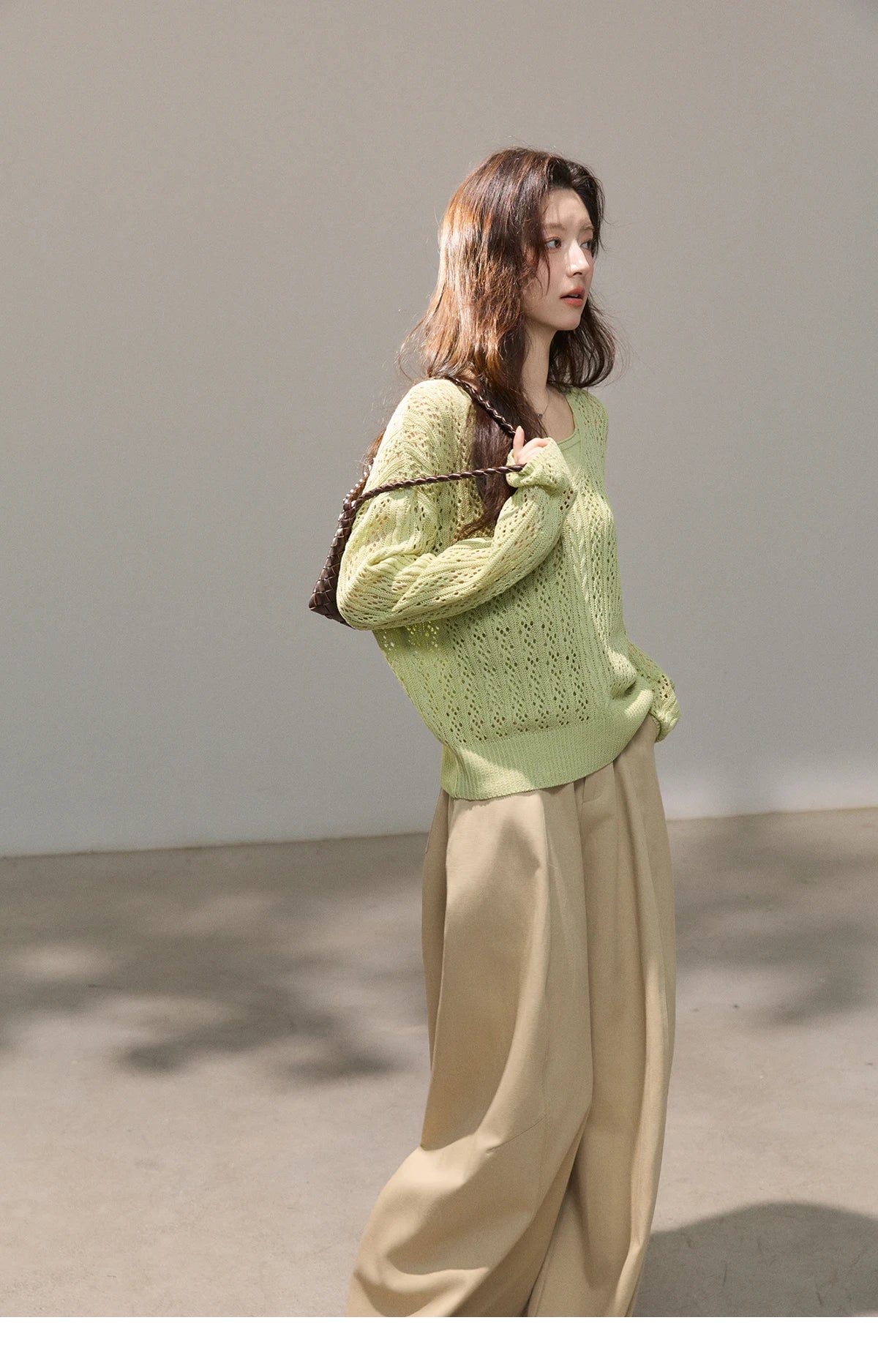 MISHOW Women's Hollow Out Cable Knit Tops with Camisole Two Piece Set Spring Loose Casual Breathable Green Sweater MXF16T1524