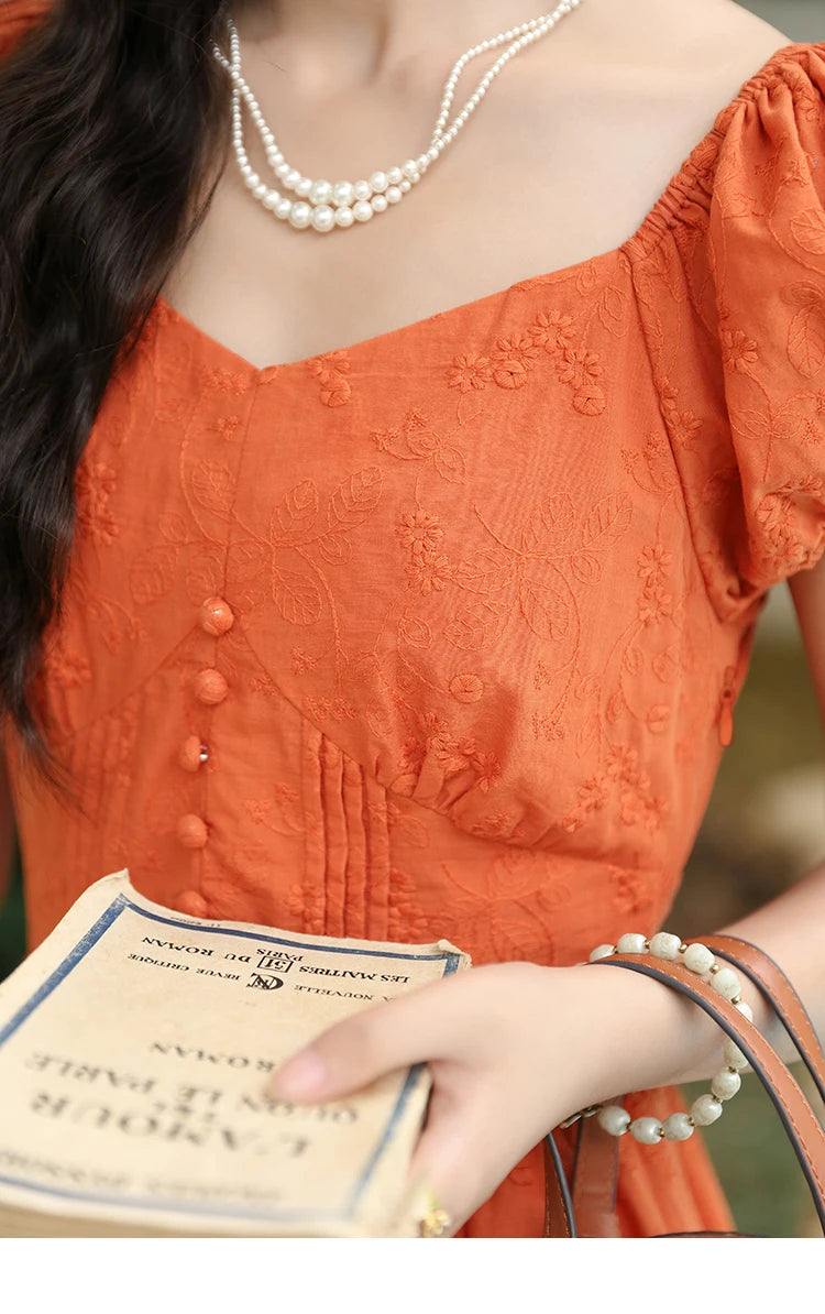 MISHOW 100 Cotton Orange Embroidered French Dress Women 2024 Summer V Neck Mid Length Dress Solid Loose A-line Dress MXD29L1931