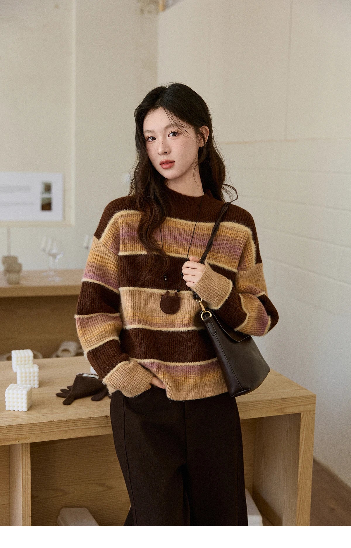 MISHOW Women's French Striped Gradient Sweater 2025 Winter Faux Mink Fleece Sweater Thick Casual Warm Knitted Top MXE94Z2891