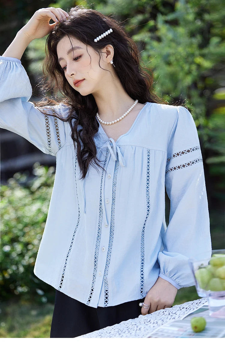 MISHOW French Sweet Loose Blue Shirt for Women 2025 Spring Summer V-neck Lace-up Hollow Doll Shirt Lantern Sleeve Top MXE12C0411