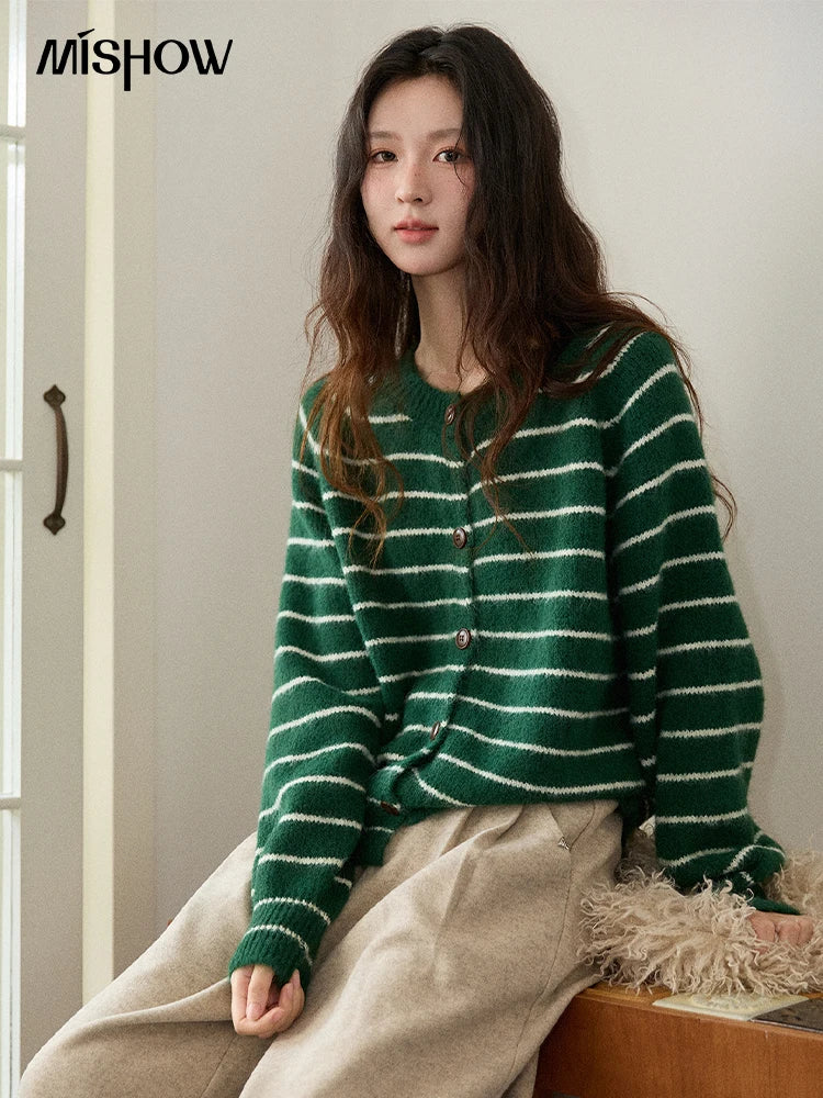 MISHOW Green Striped Cardigans for Woman 2025 Winter Knitted Cardigan Wool Blend Loose Retro Crew Neck Knit Sweater MXE86Z2735