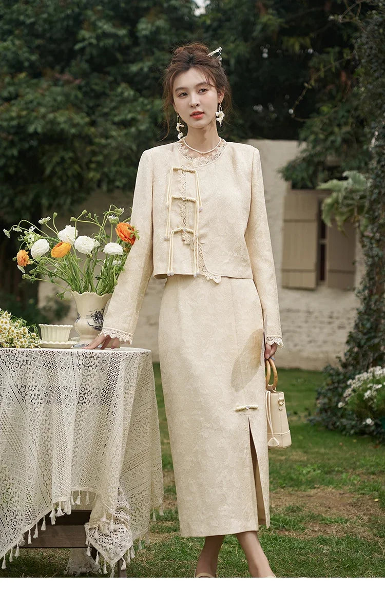 MISHOW Chinese Lace Edge Jacket Midi Skirts Separately Spring 2025 Elegant Top Irregular Jacquard Front Split Skirts MXD15W0370