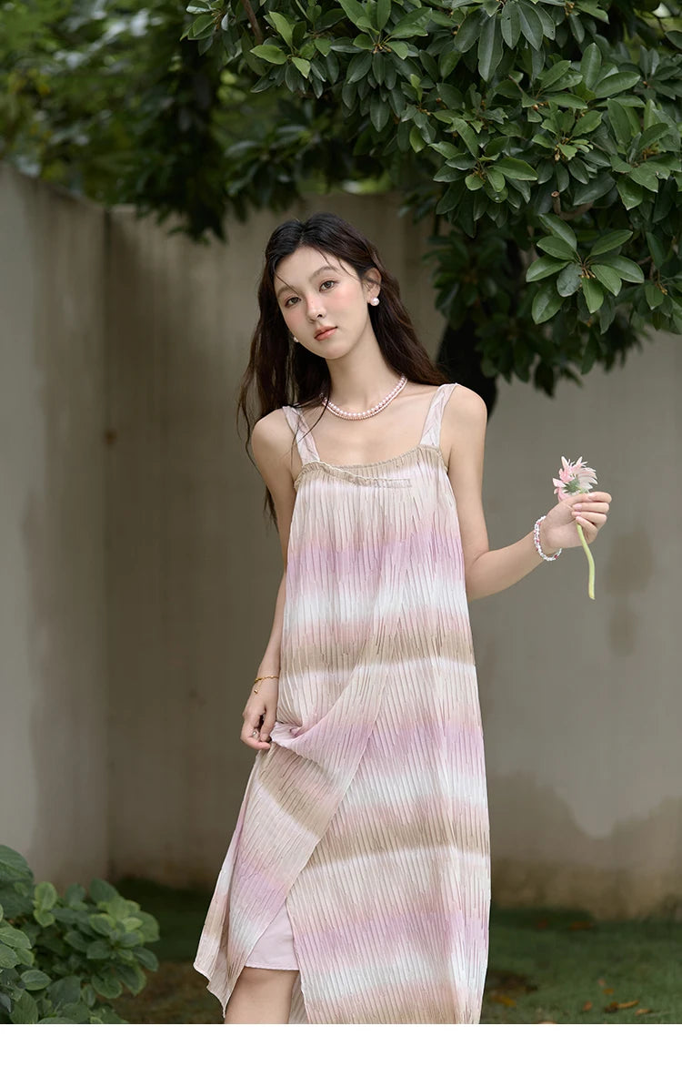 MISHOW Pink Striped Suspender Dress for Women 2025 Summer Sleeveless Irregular Front Dress Wave Mid Length Dresses MXD29L1930