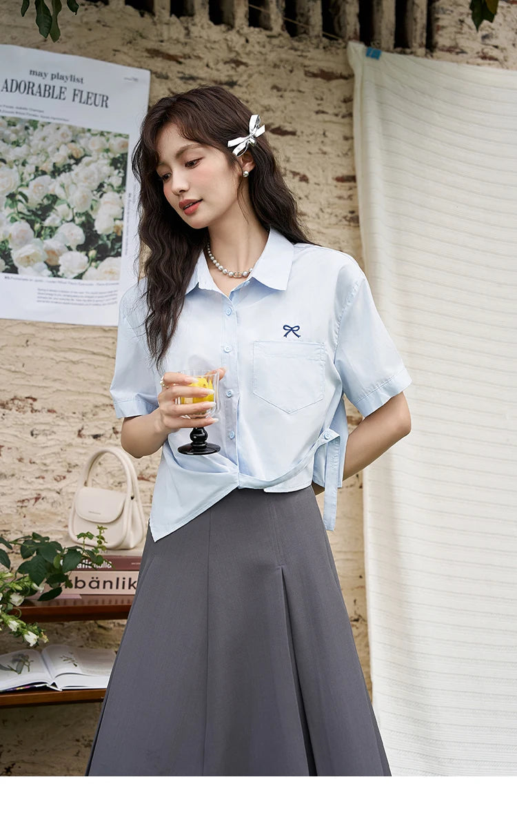MISHOW Same Color Bow Embroidered Shirt Summer 2024 Lapel Collar Asymmetric Hem 100 Cotton Casual Short Sleeved Top MXD23C0257