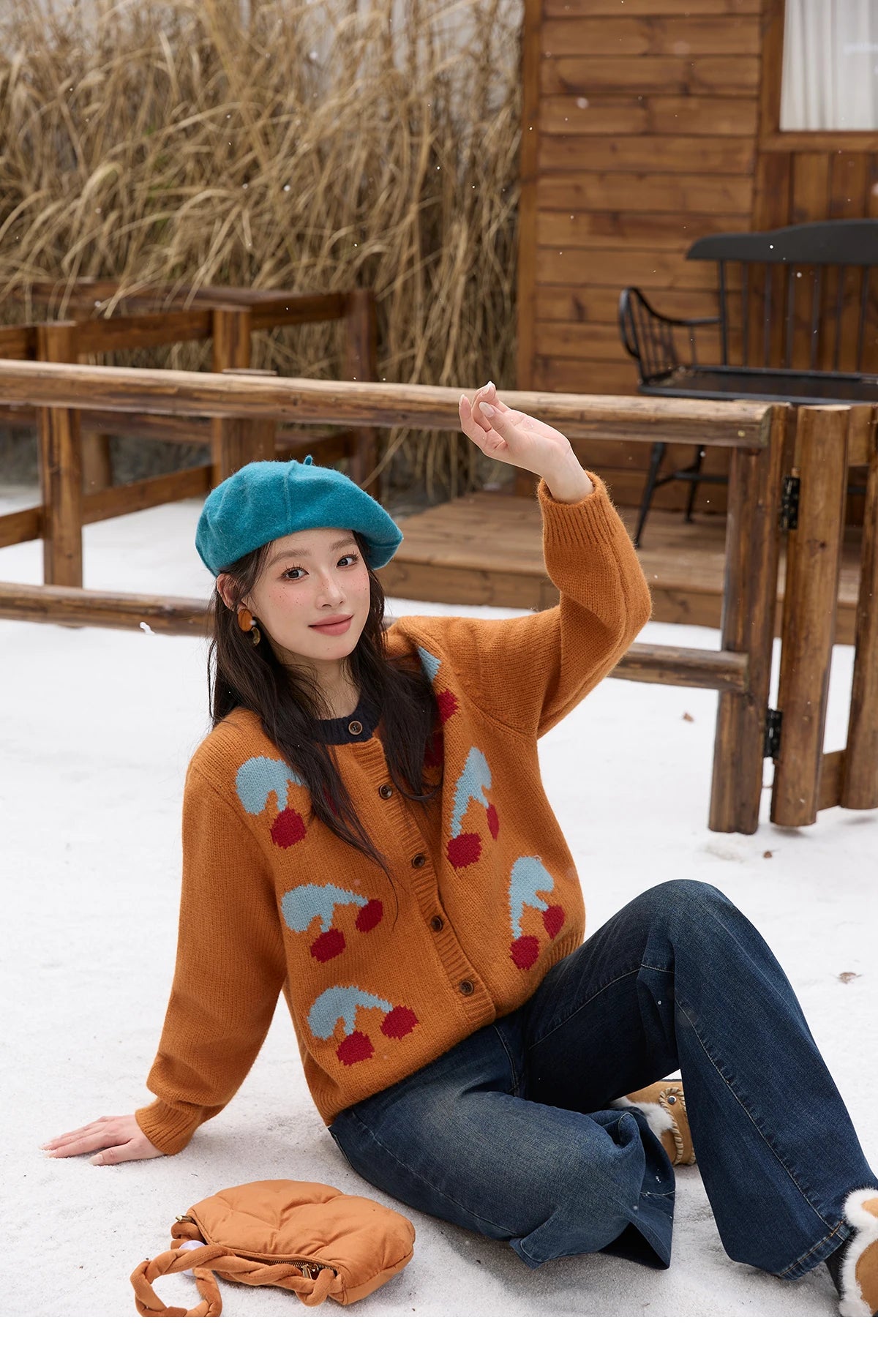 MISHOW Cherry Jacquard Knitted Cardigan for Women 2025 Winter Retro Sweet Round Neck Long Sleeves Sweater Commute Top MXE88Z2689