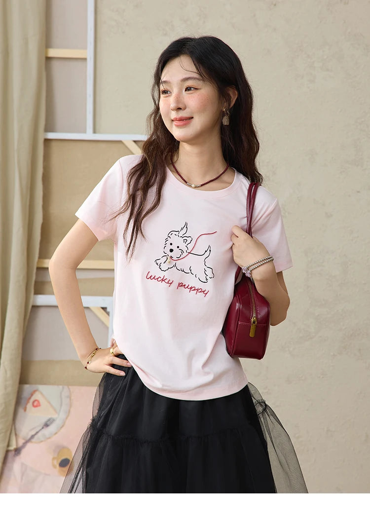 MISHOW Cute Printed Puppy Short Sleeve T-shirt 2025 Summer Round Neck Short Sleeved T-shirt Cotton Blend Casual Tees MXE36T0640