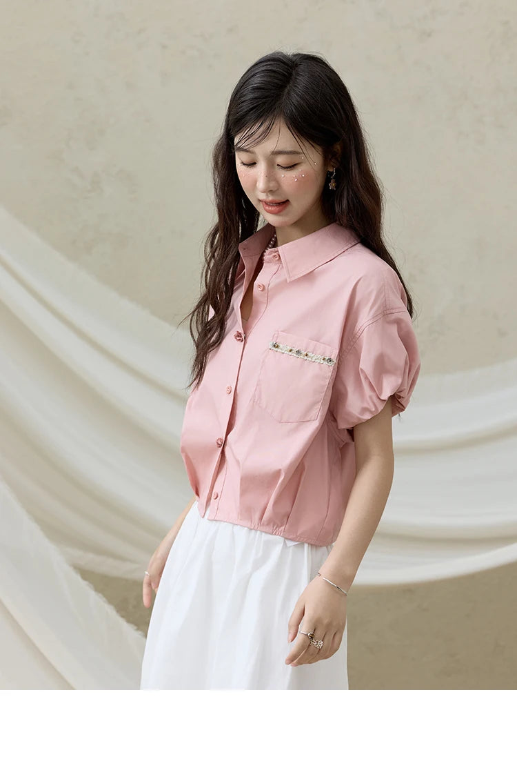 MISHOW Casual Summer Blouses Women 2025 New Short Puff Sleeve Turn Down Collar Shirt Female Fashion Shell Ribbon Tops MXE33C0773