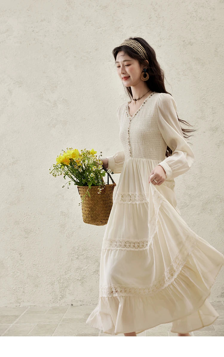 MISHOW Apricot Vacation Dress for Women Spring 100 Cotton Splicing Lace Retro Dress V-neck Waist Slim Long Dresses MXE16L2168