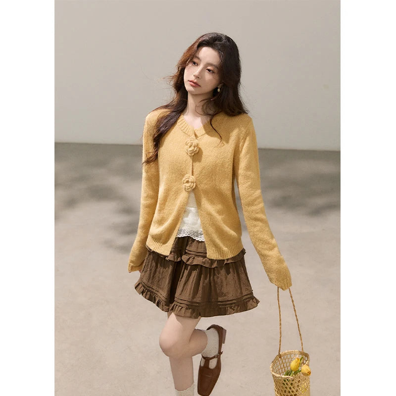 MISHOW Women's Flower Decor Mohair Fork Knit Cardigan 2026 Spring Crew Neck Long Sleeve Tops Casual Solid Sweater MXF15Z3051