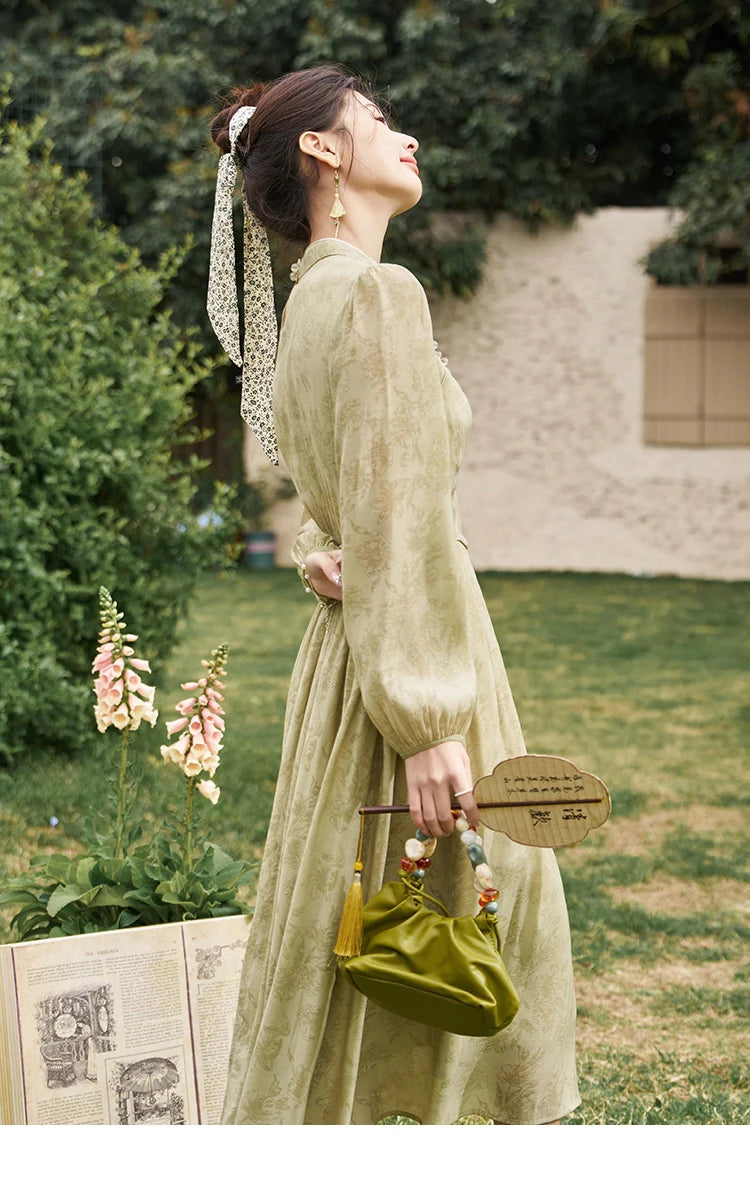 MISHOW Retro Chinese Improved Cheongsam Dress 2024 Spring Chiffon Printing Green Puff Sleeve Stand Neck Waist Dresses MXD14L1767