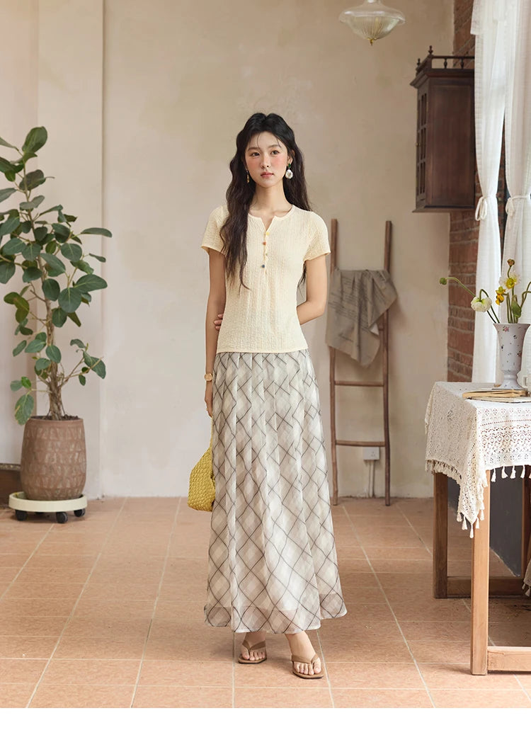 MISHOW Apricot Green Retro Plaid Skirt for Women Summer 2025 Pleated Chiffon High Waist Elegant Slim A-line Skirts MXE35B0747