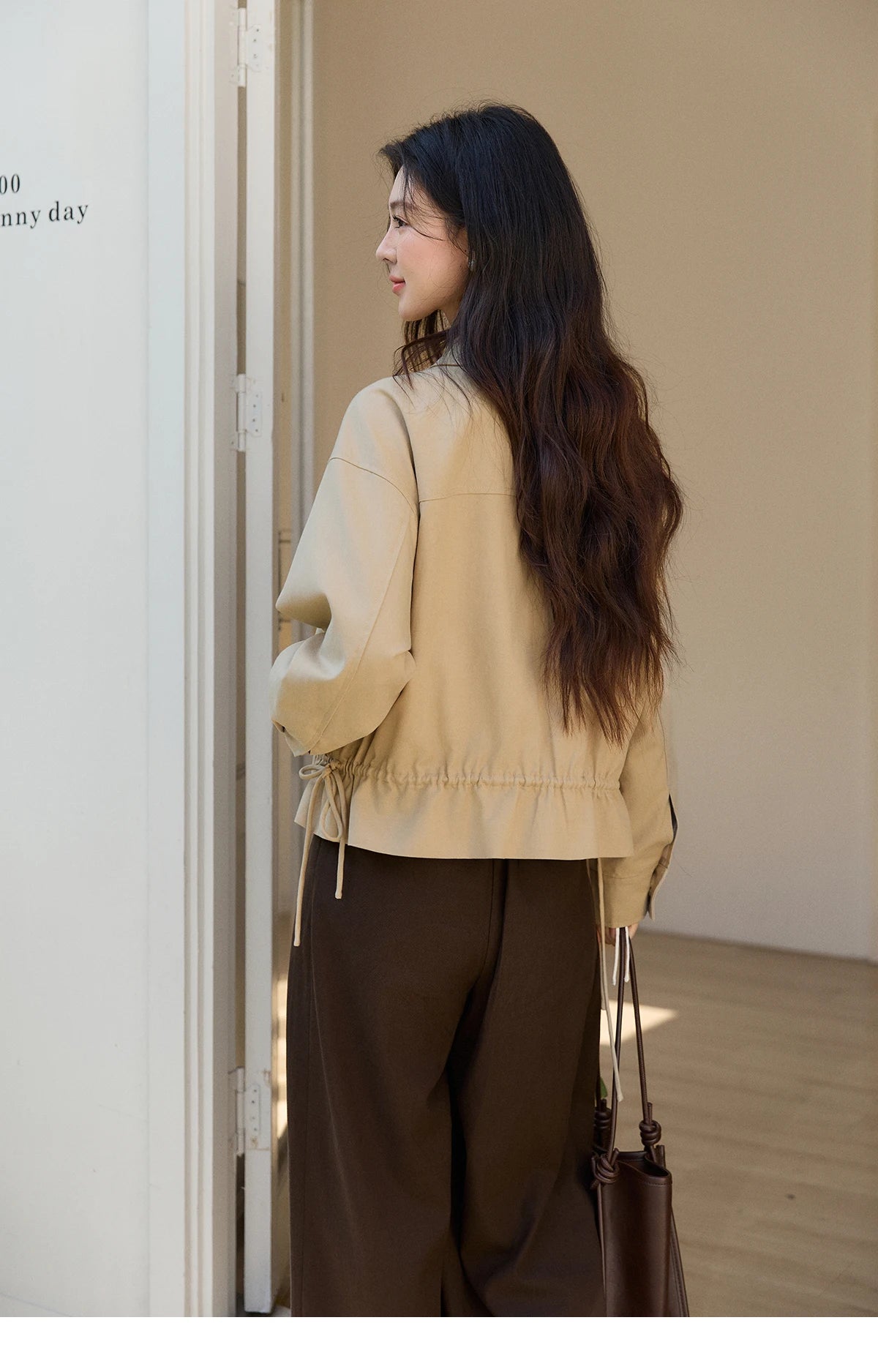 MISHOW Women's Khaki Cropped Jacket 2026 Spring Asymmetrical Collar Drawstring Waist Short Jackets Casual Loose Coat MXF11W1029