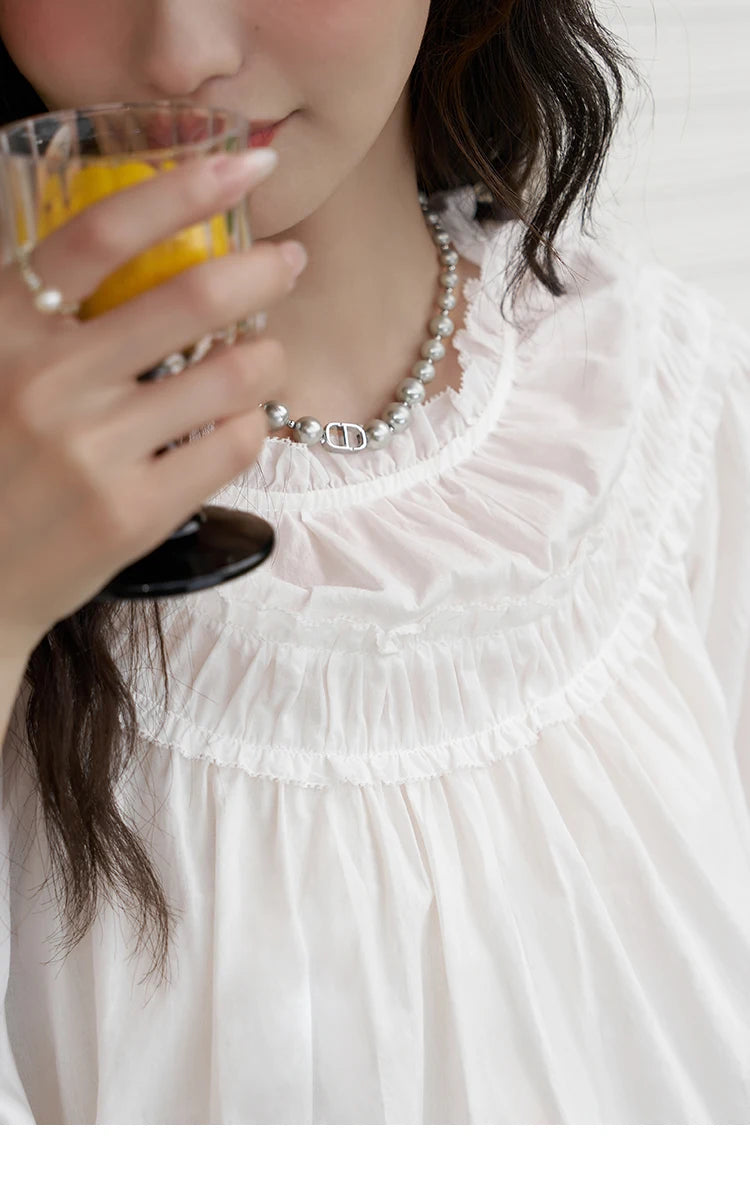 MISHOW French Cotton Bubble Sleeve Blouse Lace Collar MXD23X1500