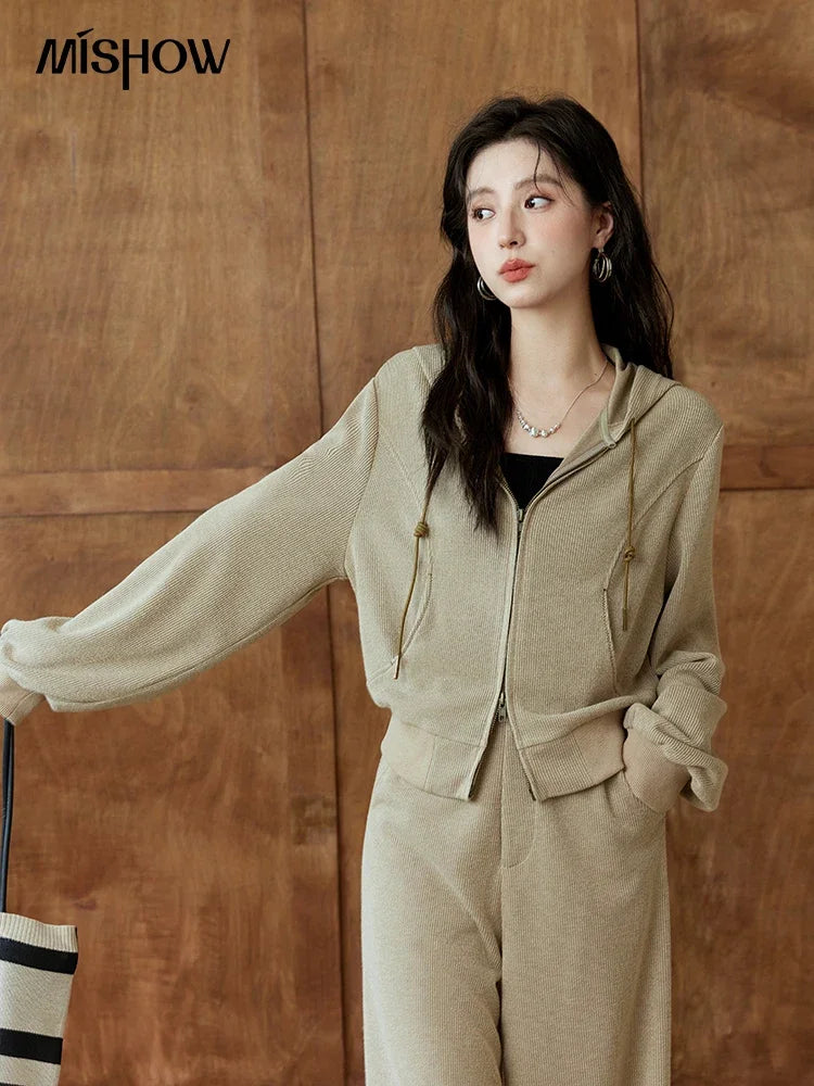 MISHOW Hooded Double Zipper Sweatshirt Knitted Straight Leg Pants Separately Versatile Top Back Elastic Waist Pants MXD44Z0794