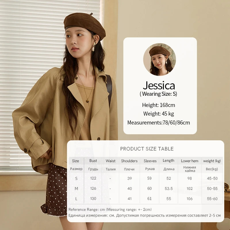 MISHOW Cotton Trench for Women 2025 Autumn Khaki Handmade Pleated Short Jacket Lapel Two Buttons Trench Office Lady MXE43W0804