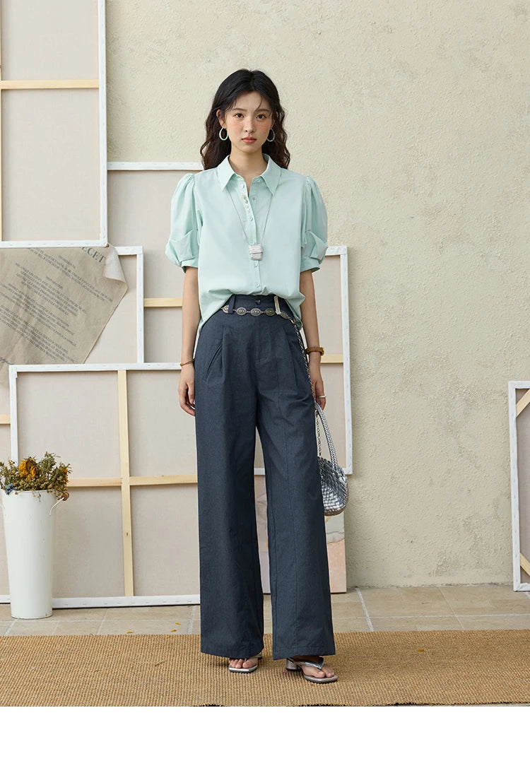 MISHOW Light Green Bubble Sleeve Shirt for Women Summer 2025 Lapel Collar Irregular Button Shirts Cotton Commuter Top MXE34C0788