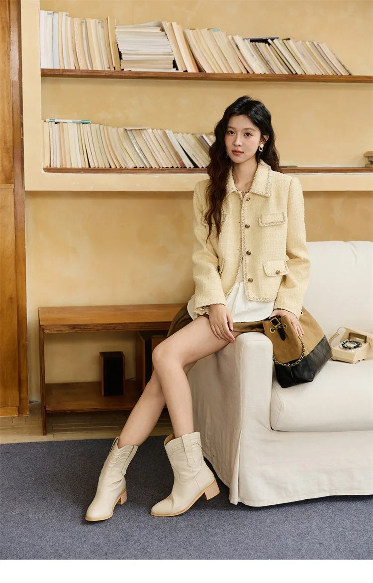 MISHOW Women's Fragrant Tweed Coat 2025 Autumn Retro Woven Short Top Metal button single breasted Lapel Commute Coats MXE46W0837