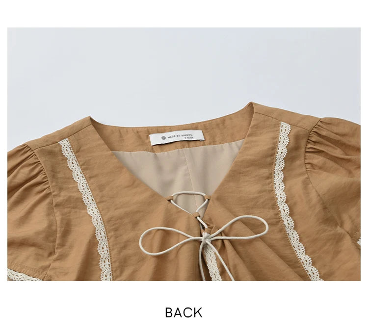MISHOW V-Neck Puff Sleeve Blouse Lace Up Patchwork Ruffle Edge MXE37X1852