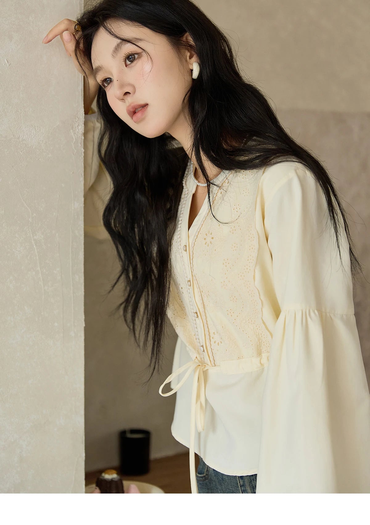 MISHOW Women's French V-neck Blouse Lace Lantern Sleeve Long-sleeved Blouses 2024 Fall Tie Drawstring Waist Slim Tops MXD45X1660