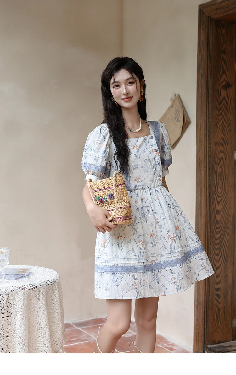 MISHOW Ink Wash Printed Fabric Dress for Women 2025 Summer French Oil Painting Square Neck Splicing Lace Doll Dresses MXD29L1932