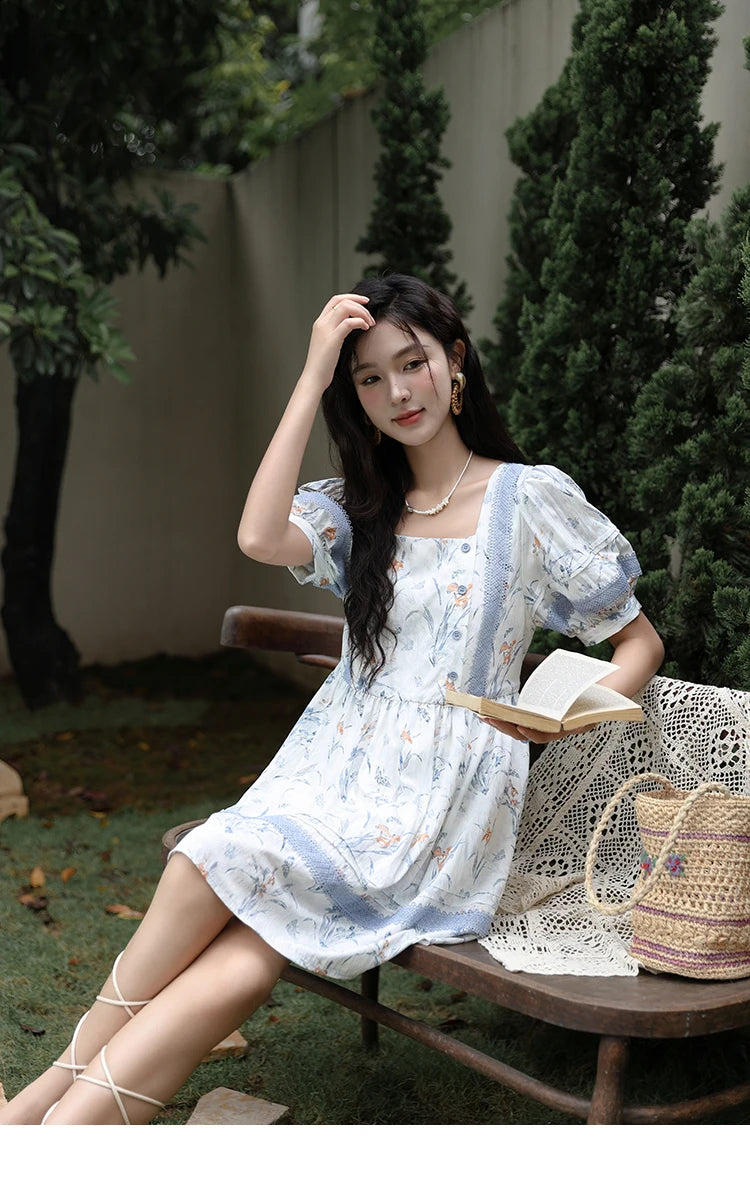 MISHOW Ink Wash Printed Fabric Dress for Women 2025 Summer French Oil Painting Square Neck Splicing Lace Doll Dresses MXD29L1932