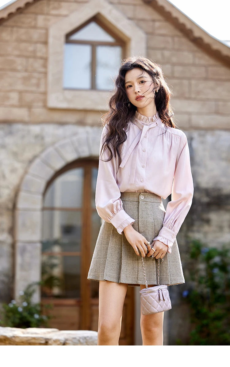 MISHOW French Ribbon Stringy Selvedge Neck Shirt for Women Spring 2025 Slim 100 Lyocell Shirts Solid Commuter Tops MXE13C0383