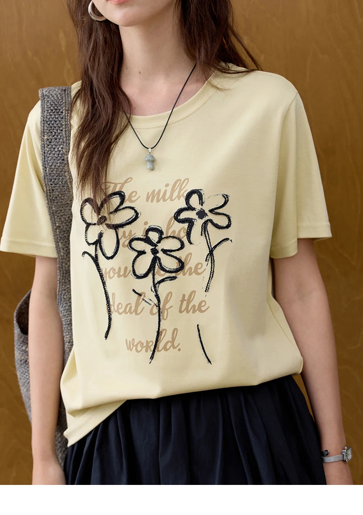 MISHOW Casual Print T-shirts Women Summer 2025 Short Sleeve Round Neck Embroidered Flower Shirt Female Loose Slimming MXE33T0498