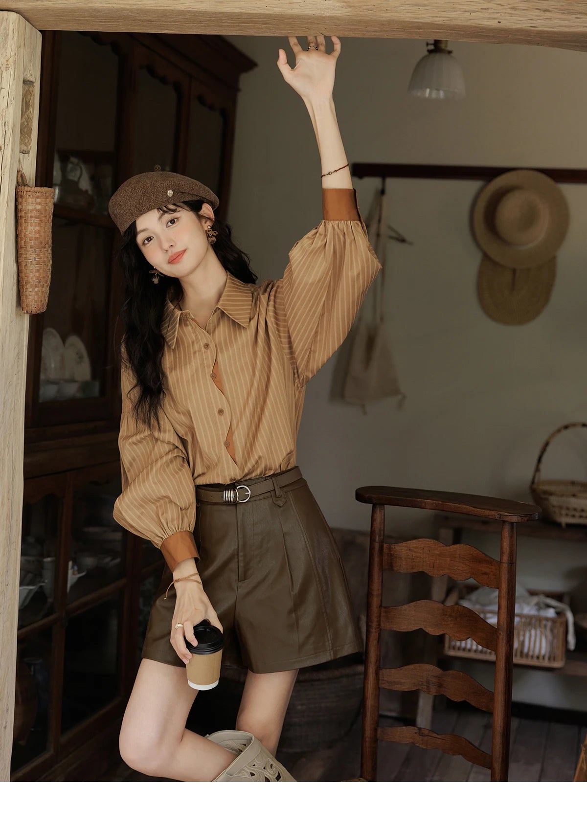 MISHOW Striped Casual Shirt for Women 2024 Autumn Retro Lapel Long Sleeve Top Contrasting Cuffs Shirts Office Lady MXD42C0301