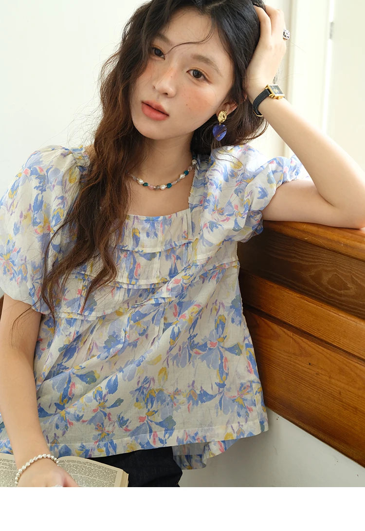 MISHOW Fashion Square Neck Puff Sleeve Blouse for Women 2025 Summer New French Sweet Loose Print Top Ladies Clothing MXE39X1937