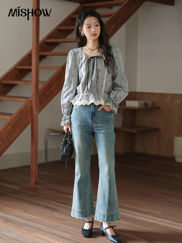 MISHOW Black Striped Blouse Lace-Up Bow Round Collar MXE41X1948