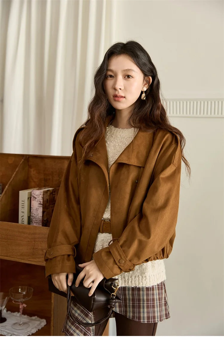 MISHOW Vintage Suede Short Jacket Brown Lapel Zipper MXE45W0869