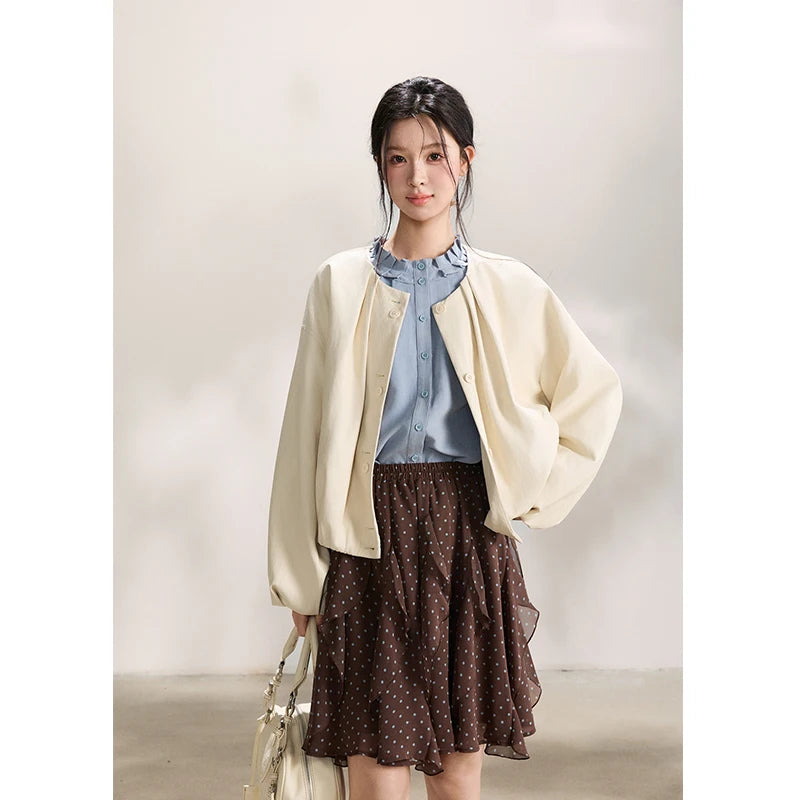 MISHOW Imitation Protein Skin Short Flower Bud Leather Jacket 2026 Spring Ruffled Collar Casual Loose Button-Up Coat MXF108W1019
