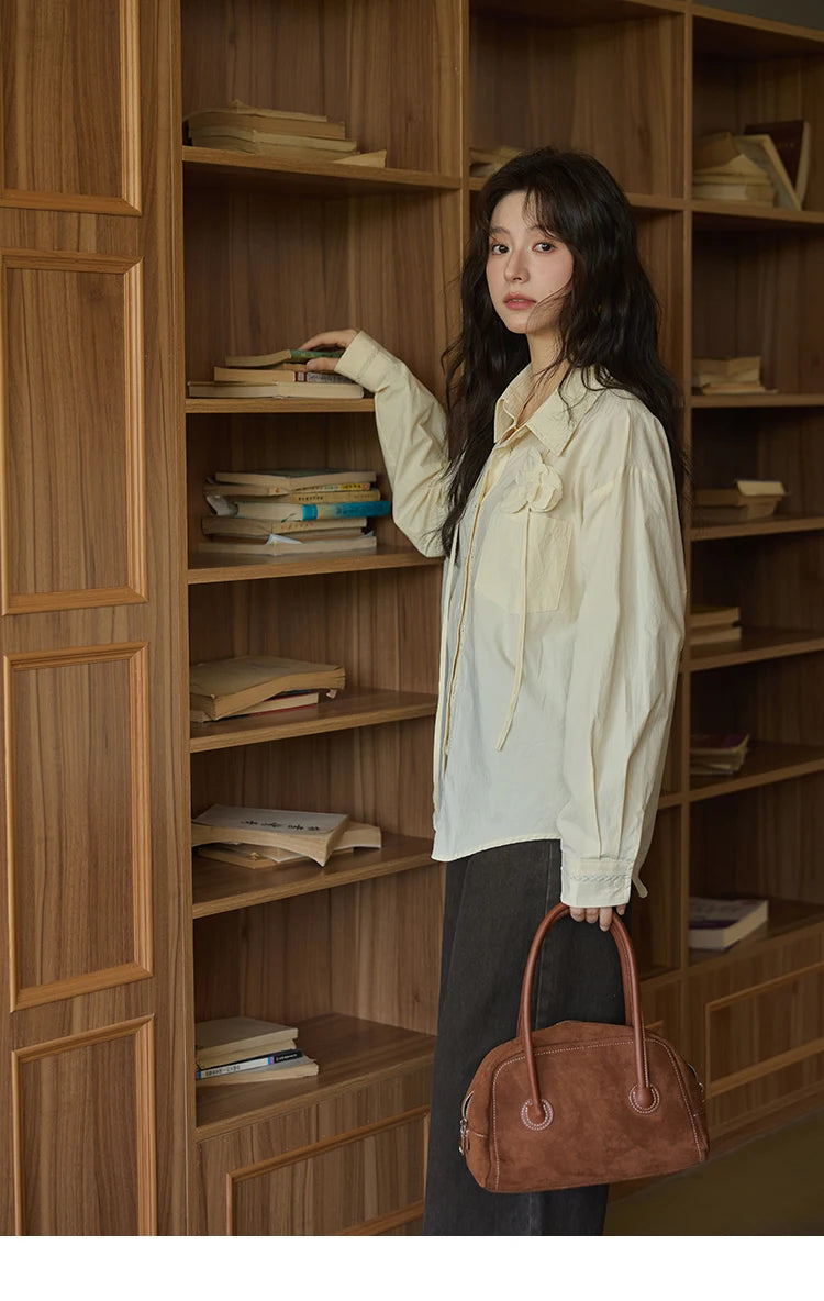 MISHOW 100% Cotton Shirt For Women Autumn 2025 New Fashion Petal Ribbon Button Long Sleeves Shirt Women's Clothing MXE41C2349