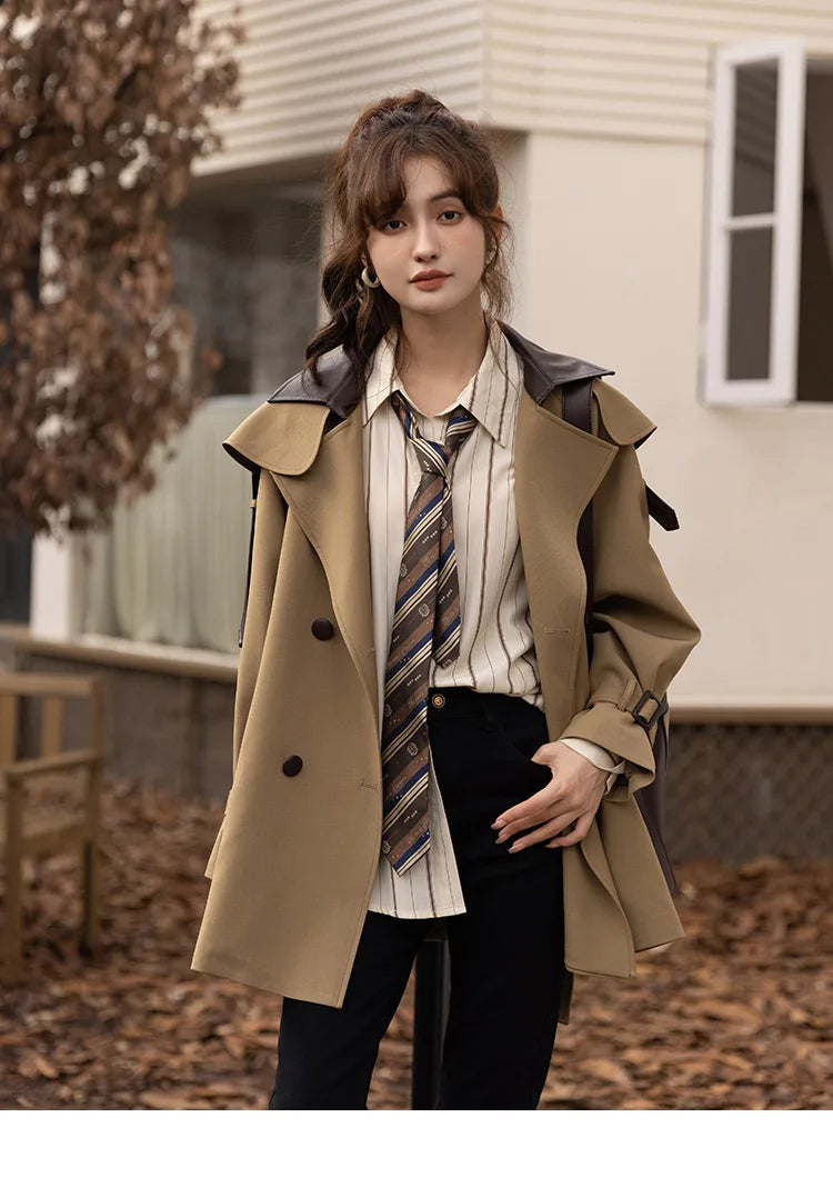 MISHOW Trench Coats for Women Autumn Korean Office Lady Polo Collar Patchwork Long Mid-length Jacket Female Outerwear MXB33W0399