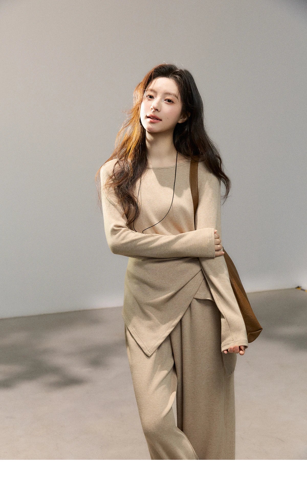 MISHOW Women's Khaki Knitted Two-Piece Set 2026 Spring Asymmetrical Hem Waist-Cinched Top Wide Leg Pants Casual Sets MXF11T1465