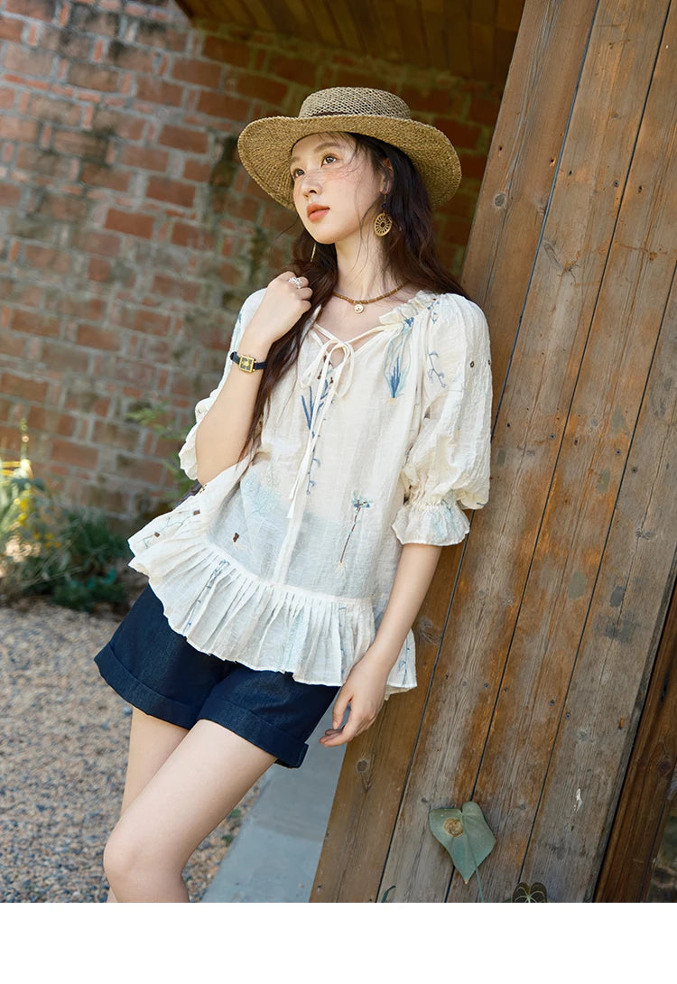 MISHOW Women's V-neck Lace Up Blouse 2025 Summer New Fashion Embroidery Mushroom Edge Commute Top Women's Blouse MXE39X1959