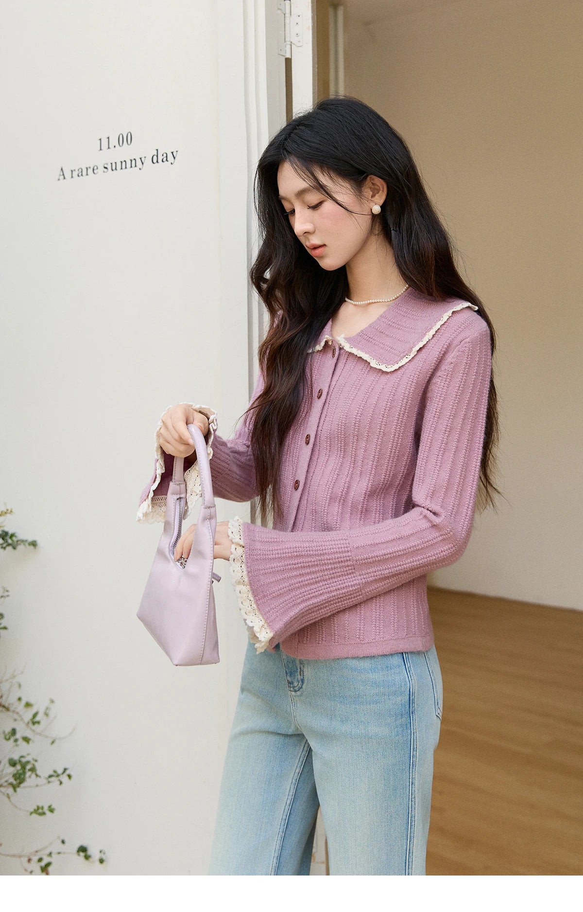 MISHOW Women's Lilac Flare Sleeve Knitted Cardigan 2026 Spring Peter Pan Collar Lace Trim Long Sleeve Slim Casual Top MXF11Z2994