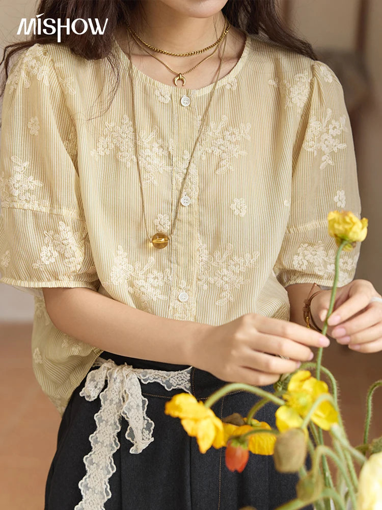 MISHOW French Retro Embroidered Floral Blouse for Women Summer 2025 Round Neck Single Breasted Top Puff Sleeve Blouse MXE36X1874