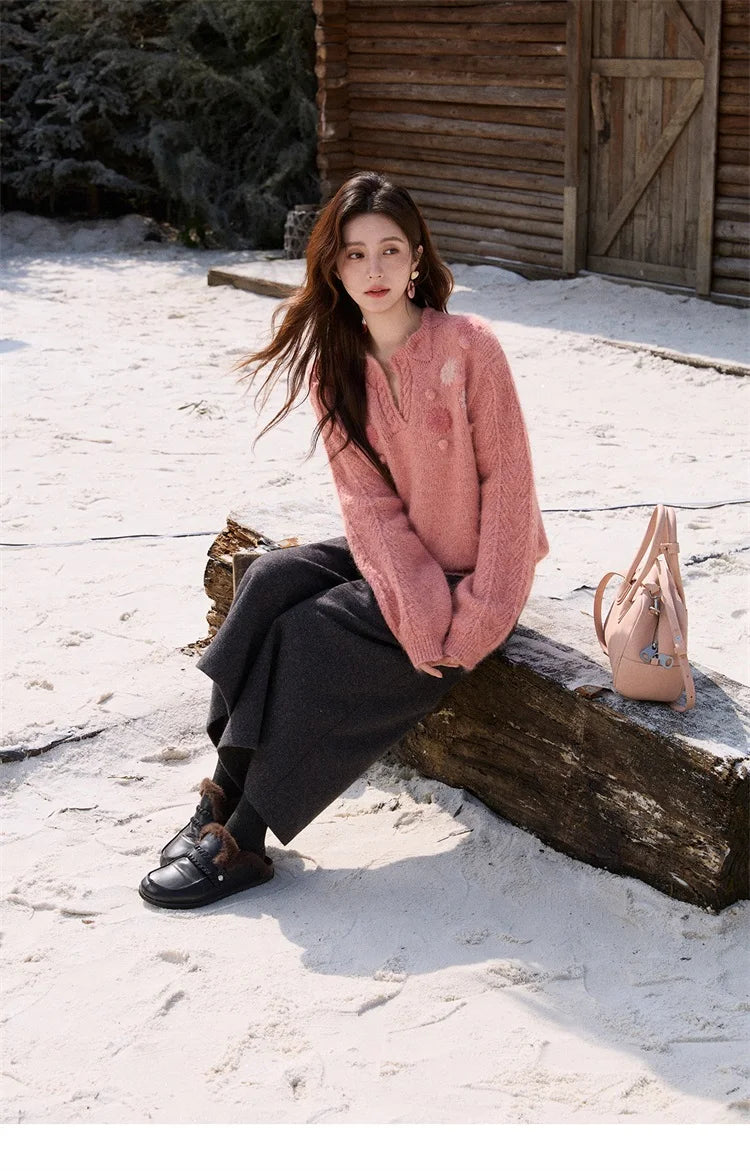 MISHOW Women's Raspberry Pink Wool Blend Sweater 2025 Winter French Floral Pom-Pom Embroidered V-Neck Knitted Top MXE86Z2740