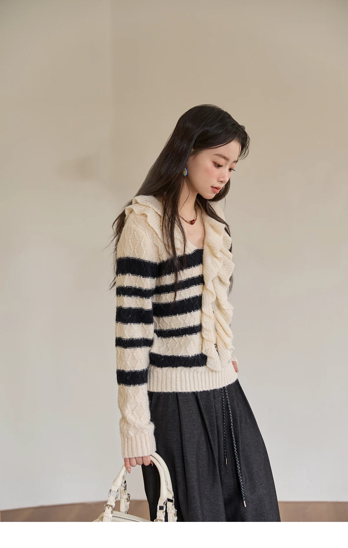 MISHOW Striped Sweater for Women 2025 Autumn New Asymmetrical Ruffled Diamond Shape Knitted Retro Women's Cardigan MXE51Z2633