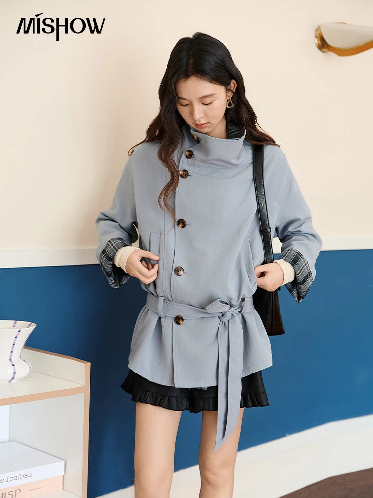 MISHOW Two Sided Outerwear Trench for Women Autumn Winter 2025 Blue Plaid Patchwork Diagonal Placket Belt Trench MXE48W0871