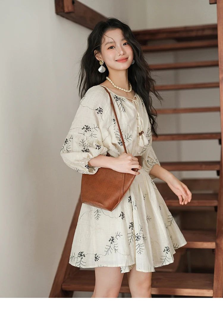 MISHOW Embroidered Doll Dress 2025 Seven Cent Lantern Sleeve Dress O-neck Tassel Lace-up Cotton Dress with Waist Belt MXE41L2480