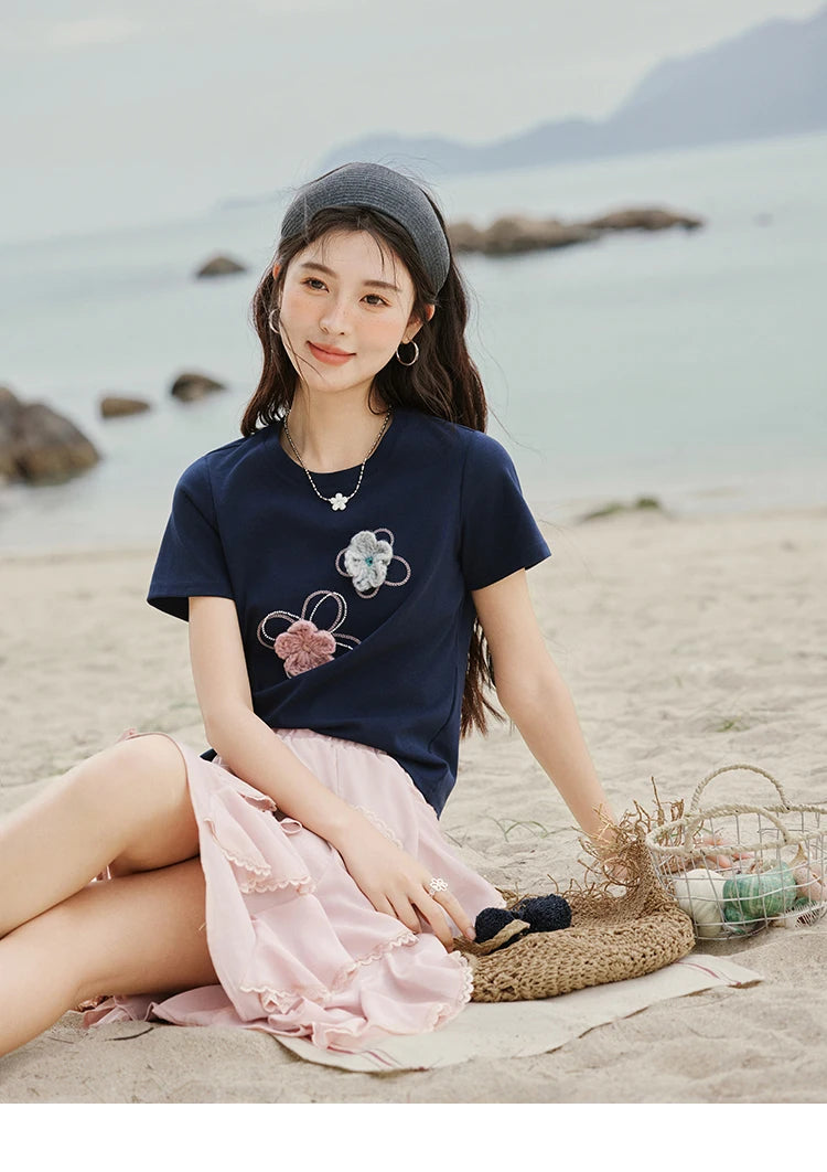 MISHOW Casual Summer Print T-shirts Women New 2025 Short Sleeve Round Neck Flower Beaded Shirts Female Fashion Tops MXE33T0499